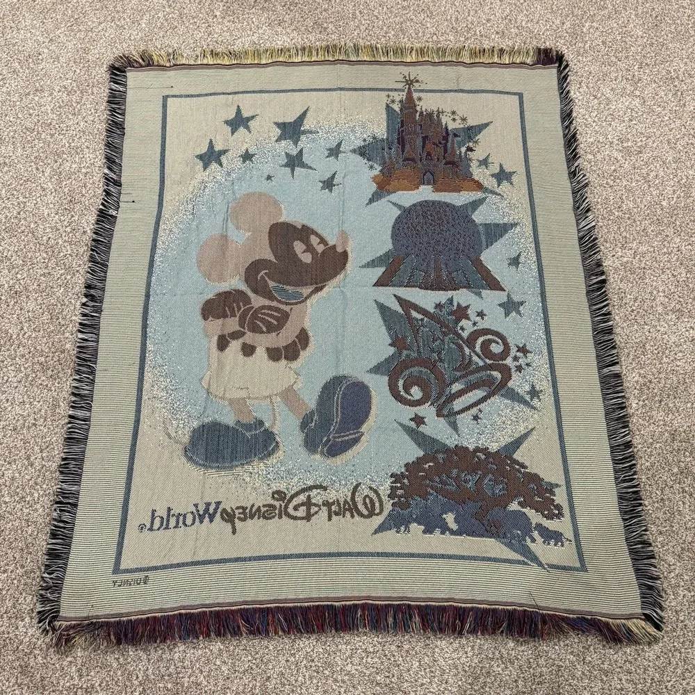 Walt Disney World Resort Tapestry Throw Blanket Mickey Mouse‎ Woven Fringe 57x49
